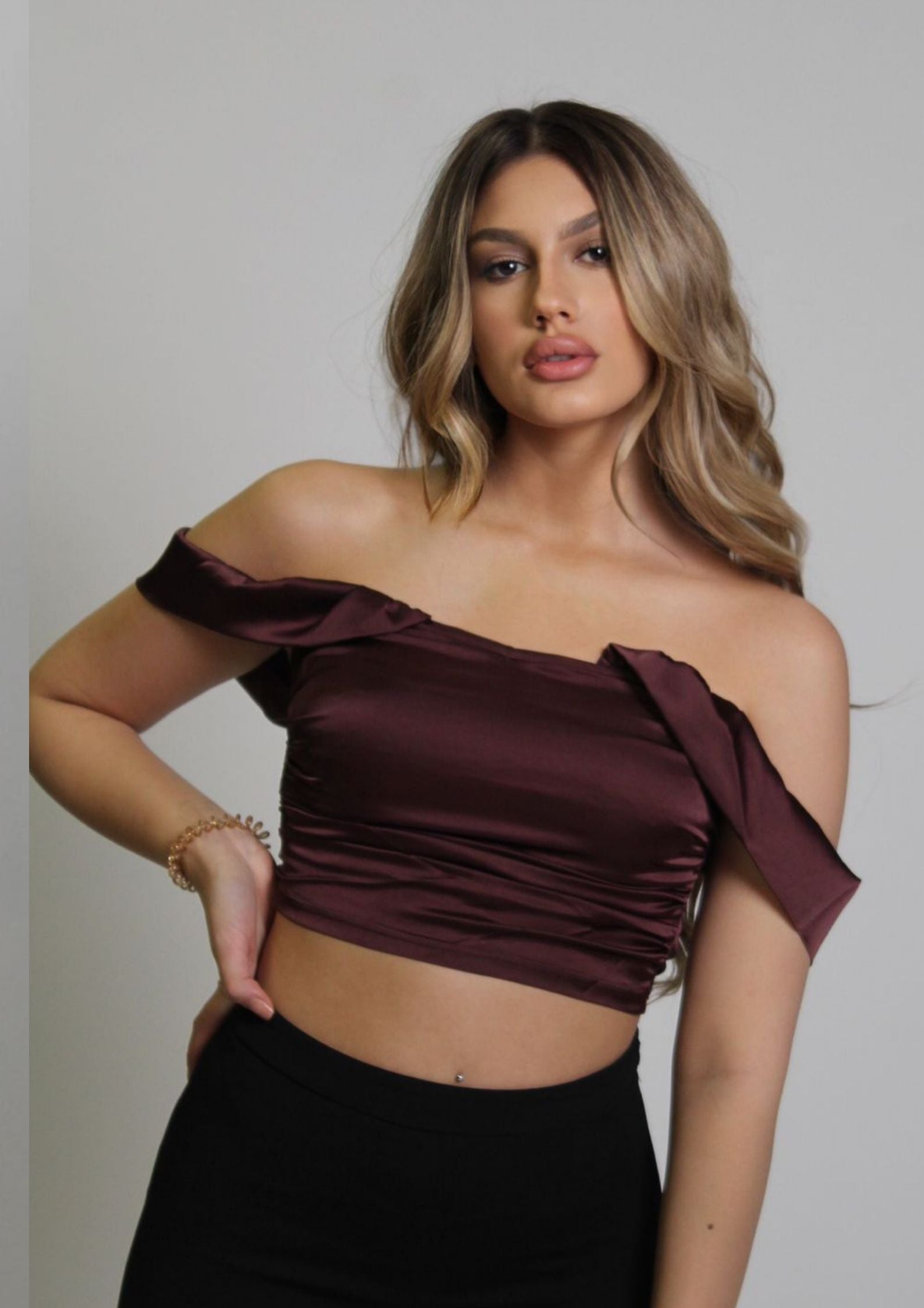 Satin Draped Top - Braun